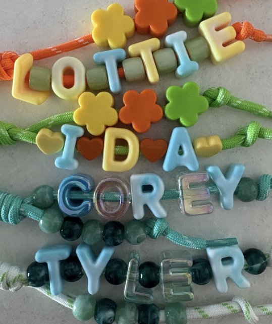 Keychains spelling Lottie, Ida, Corey and Tyler